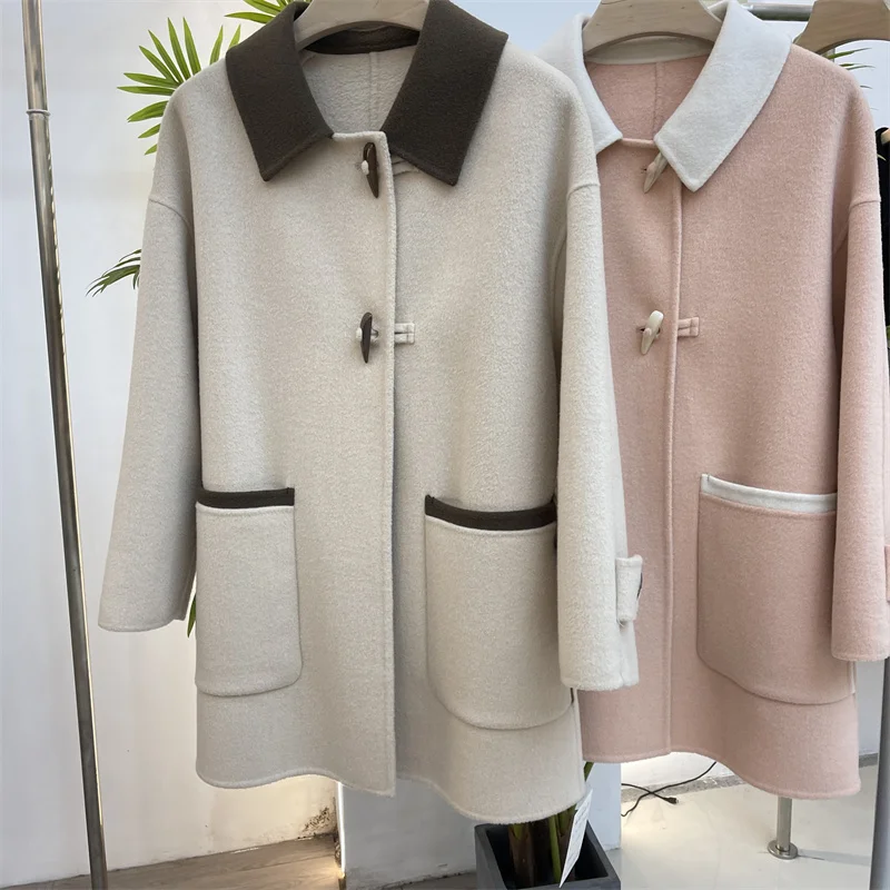 

New Contrast Color Double-sided Cashmere Wool Coat Women Loose Horn Button Long Sleeve Woolen Coat Thick Female Autumn Winter