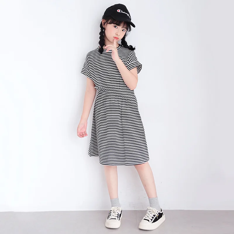 2026 Summer Kids Girls Pearl Chinese Striped Heart Princess Teenager T Shirt Dress Puff Sleeve 4 7 8 9 10 12 14 Years Cotton