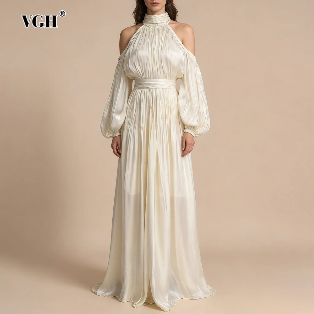 VGH elegante vestido de cinta empalmado con hombros descubiertos para mujer, vestidos de noche lujosos de cintura alta con mangas acampanadas y cuello Halter para mujer