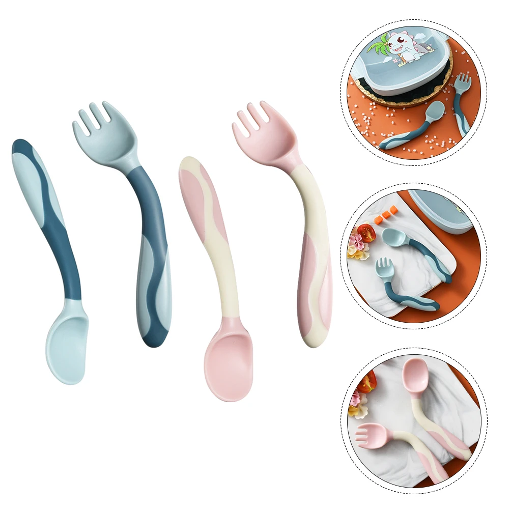 

2Sets Baby Silicone Spoon and Fork Flexible Training Tableware Lightweight Portable Baby Feeding Utensils Toddler Self Feeding
