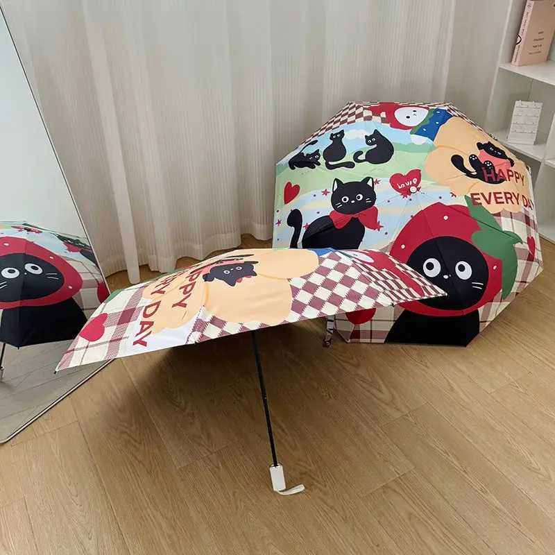 Black Cat Waterproof Umbrella, Fully Automatic, Folding, Sunny and Rainy, Student, UV Protection, Cute