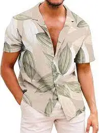 

2025 Men's Shirt Leaf Print Stand Collar Black Blue Purple Green Outdoor Street Short Sleeve Clothing Dress Fashion Designer