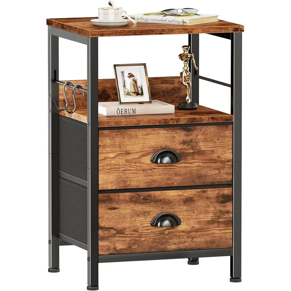 

Nightstand with 2 Drawers, 2-Tier Shelf Night Stand, Table with Hooks, Open Wooden Shelf, Bedroom End Table, Backboard Design, M