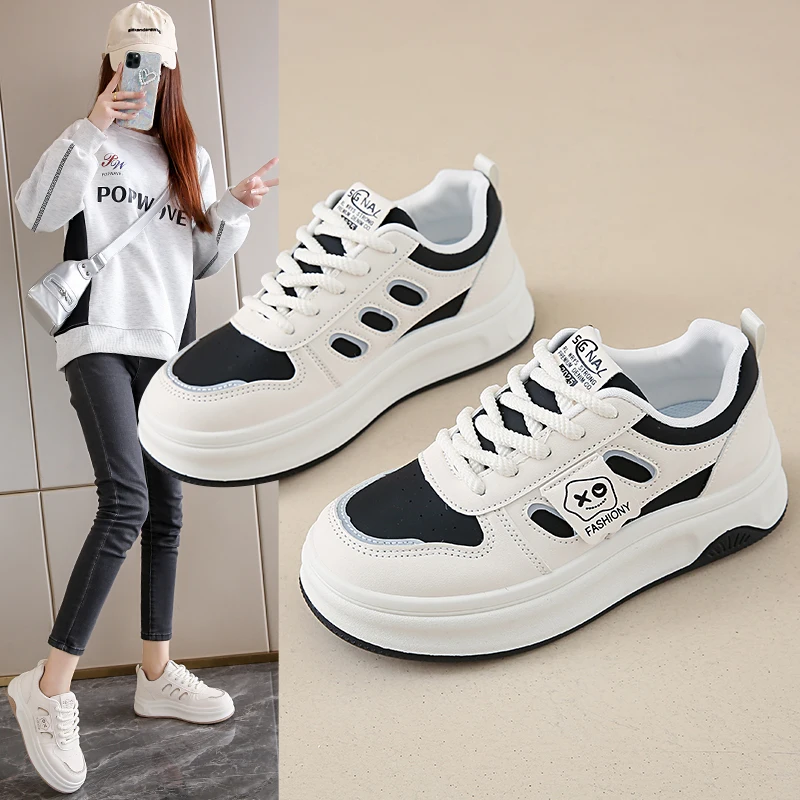 

Women's Lace Up Chunky Platform Casual Sneakers 5CM Heel Comfortable Upper Rubber Outsole Daily Wear Skate Shoes