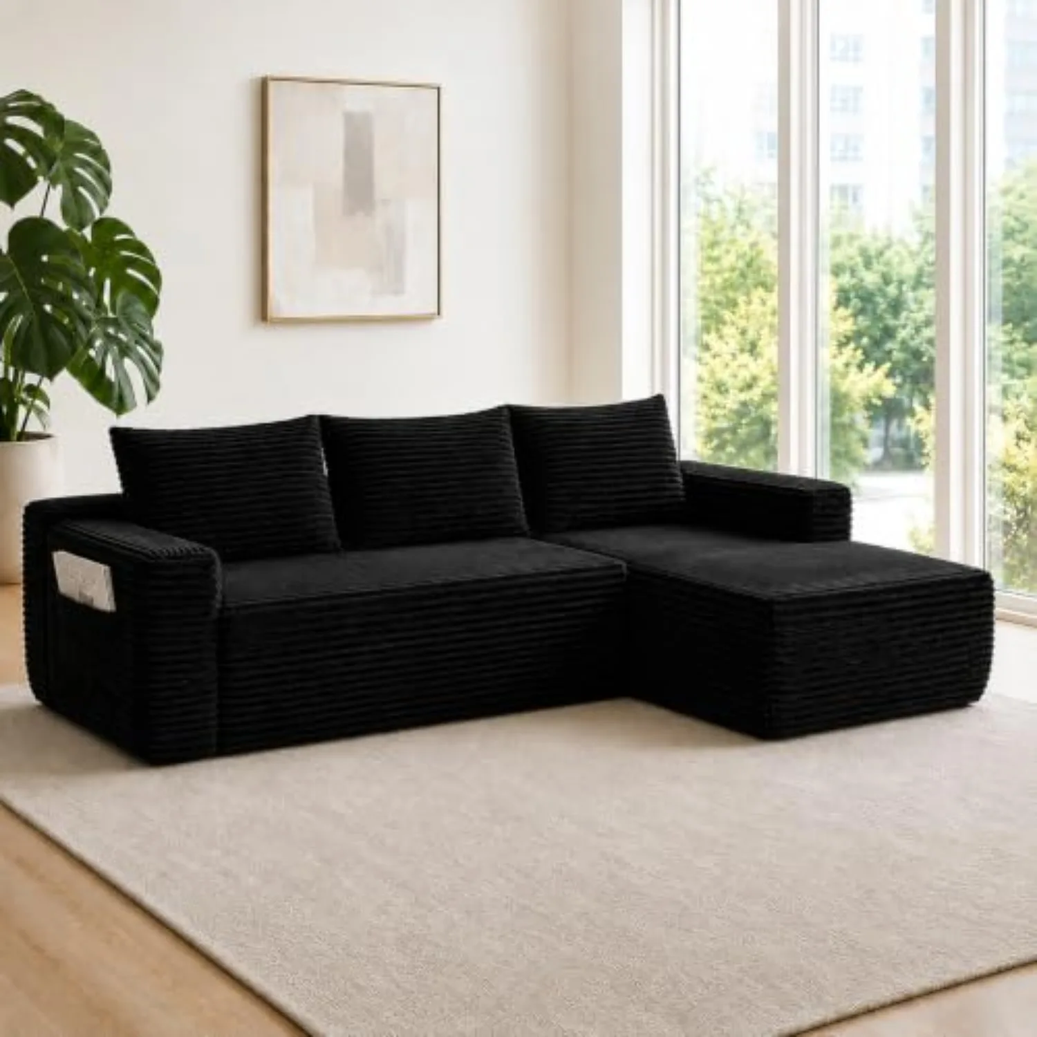 96 inch Boneless Couch, Modular L-Shaped Cloud Sectional Sofa, Black | Soft corduroy, storage pocket, secure