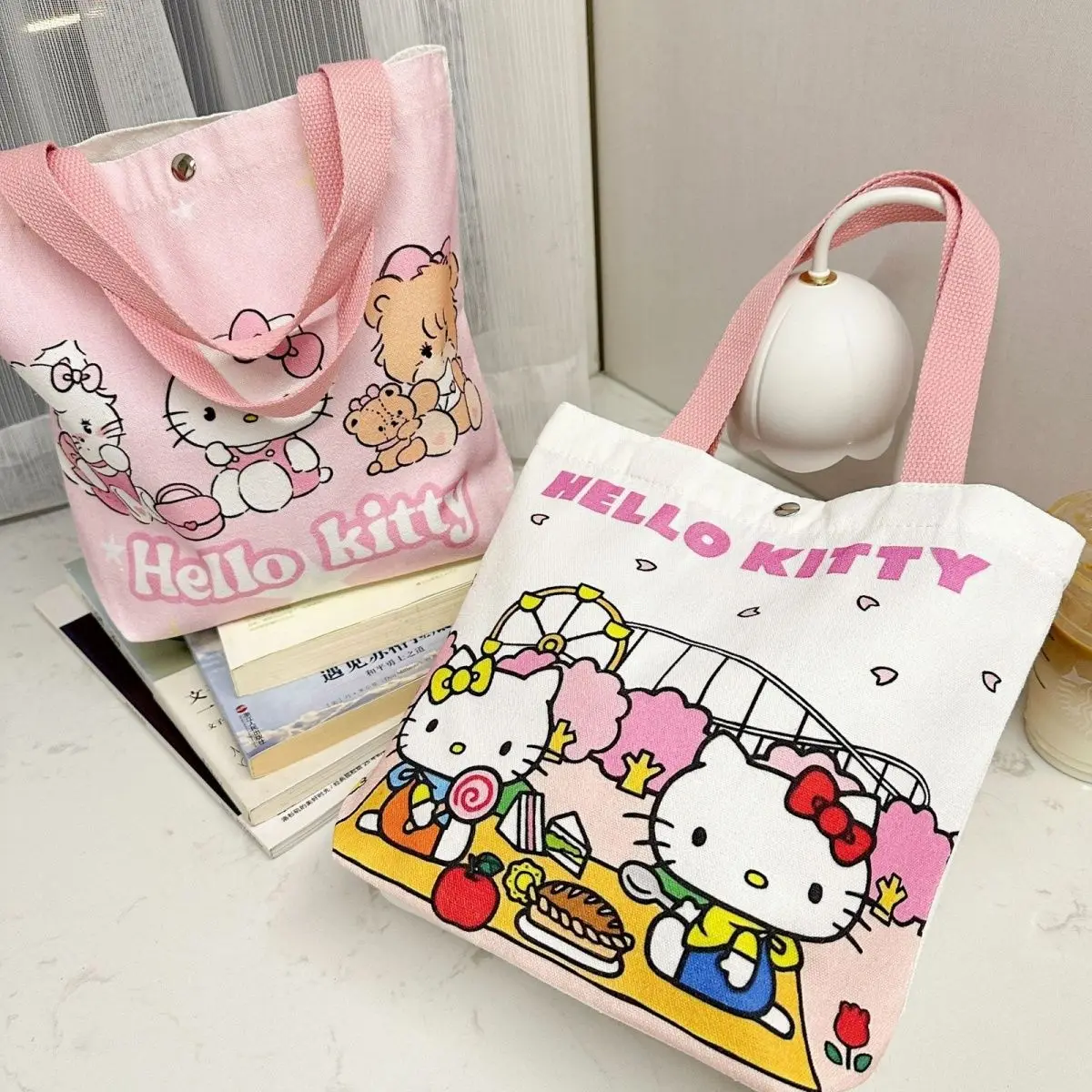 Miniso Hello Kitty Canvas Handbag Cute Cartoon Large Capacity Commuting Printed Shopping Shoulder Bag Travel Dopamine Handbag