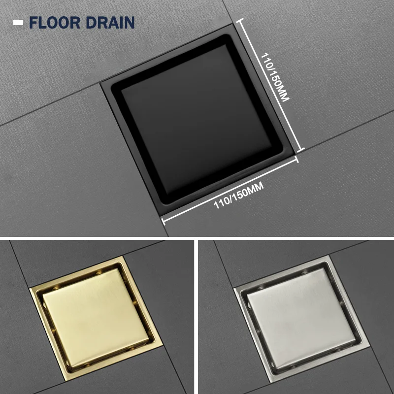 브러시드 골드 블랙 브러시 304 스테인리스 스틸 욕실 바닥 배수구, 사각형 샤워실, 악취 방지 및 막힘 방지 배수구 