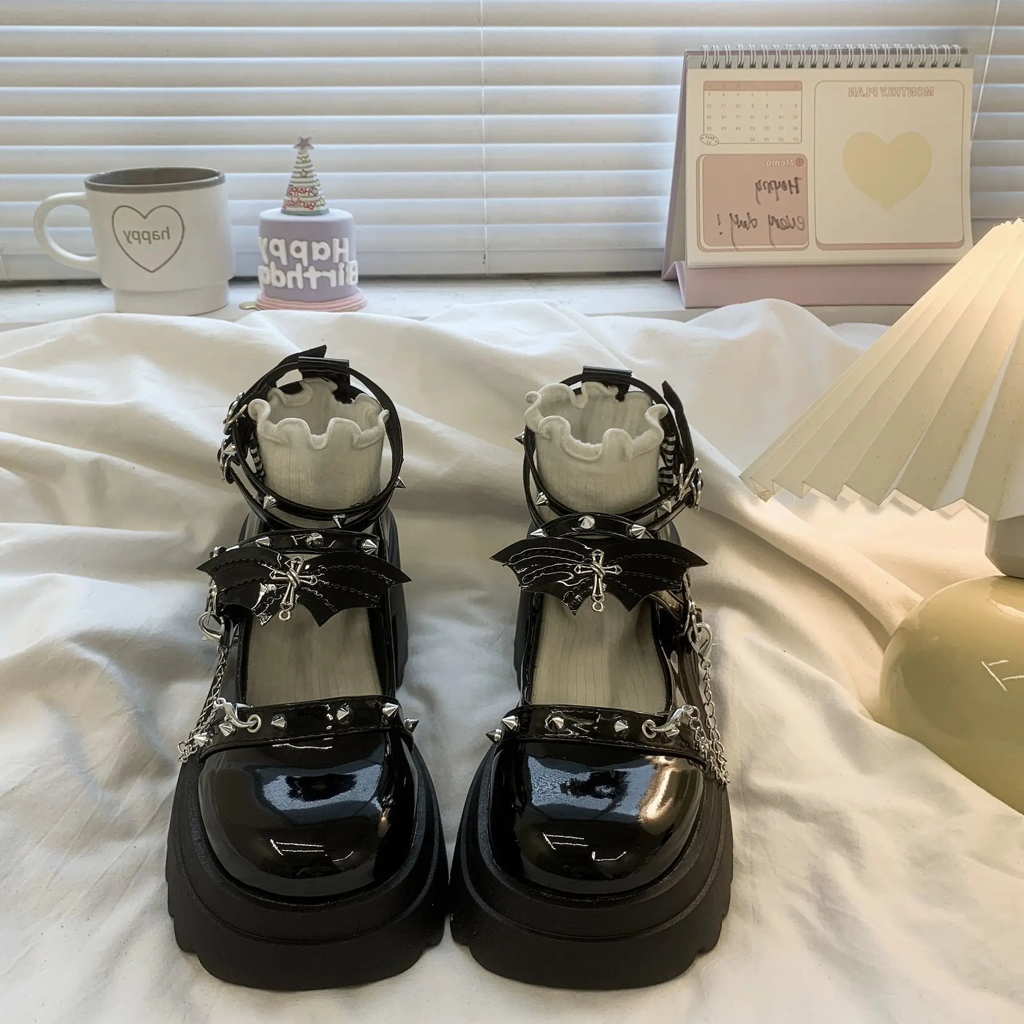 حار فتاة الظلام نمط الخفافيش تصميم Y2K ثقافة فرعية لوليتا الشرير مكتنزة عالية الكعب ماري جين أحذية من الجلد الصغيرة النساء #4