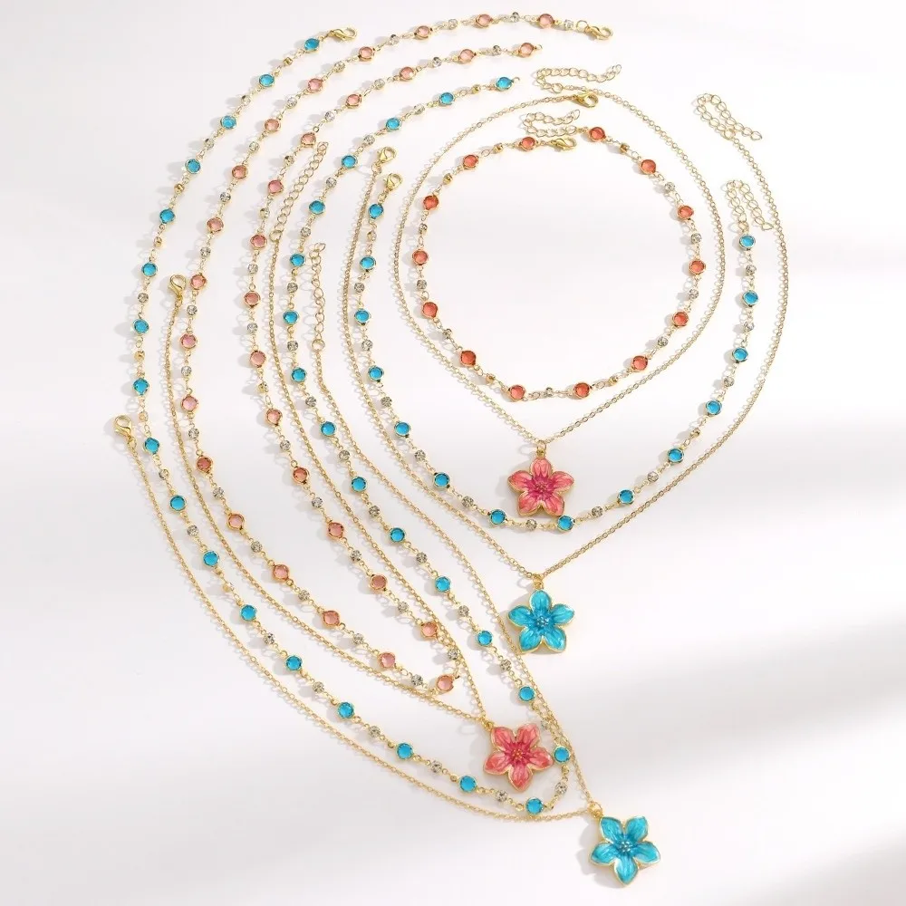 2Pcs/Set Pink Crystal Flower Pendant Necklace Gold Plated Double Layer Clavicle Chain Necklace Zircon Accent Layered Necklace