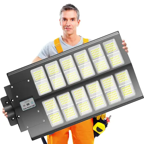 1-Pack 6000W Solar LED Flood Light, Solar Street Light with Motion Sensor & Remote Control, Dusk-to-Dawn Auto On/Off, 3 Brightness Modes, IP65 Waterproof, Easy Installation, Ideal for Yard, Patio, Basketball Court, Parking Lot & Street