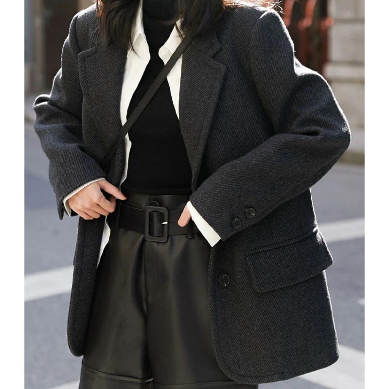 Blazers Women Coats Wool Blends Coat Suits Notched Full Sleeve Slim Fit Single Breasted Thick Casual Elegant Blazer Autumn