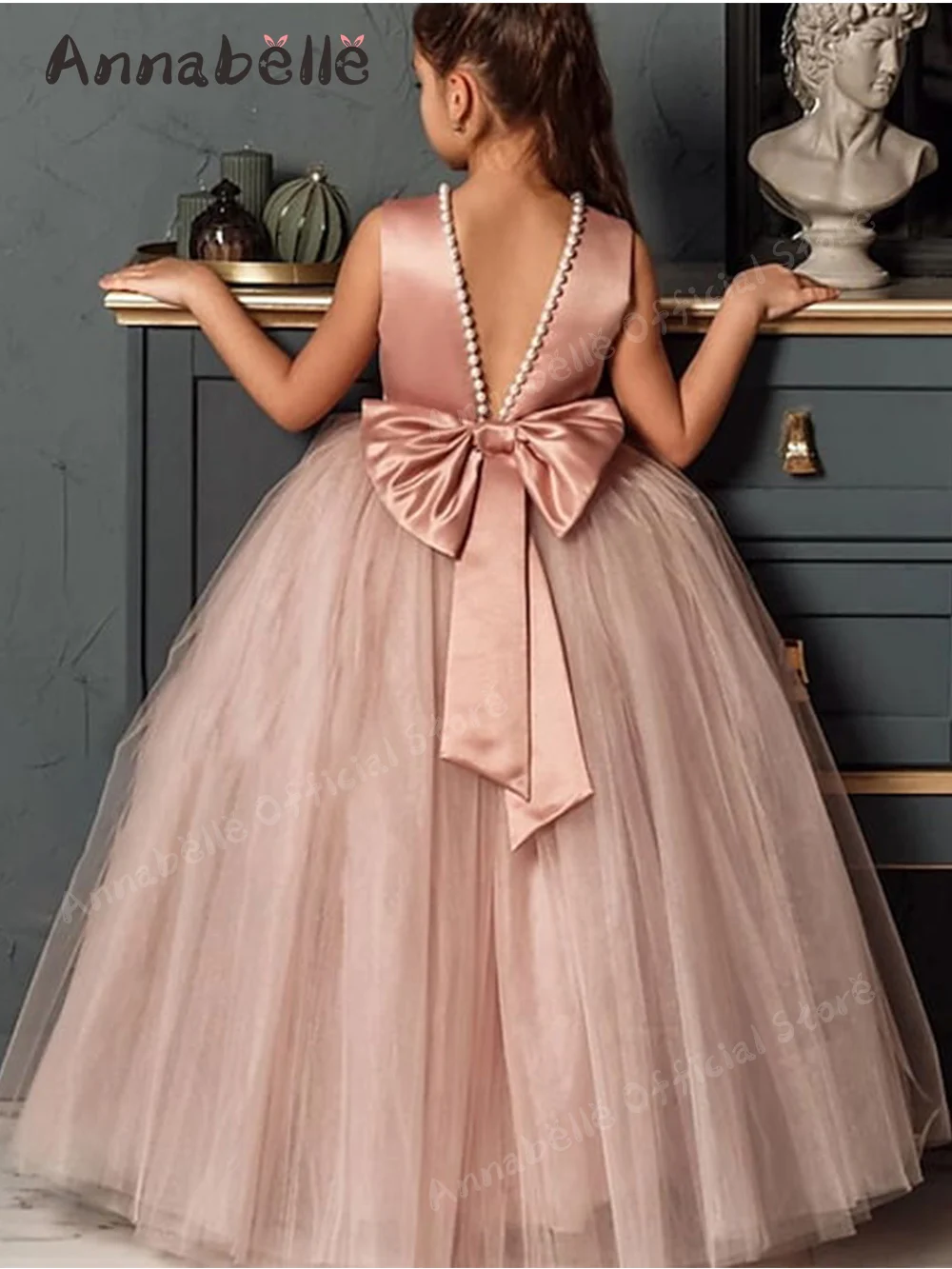 Annabelle-vestido de princesa para niña, traje de boda con perlas adornadas, con forma de cuello, para actuación de Piano, Verano