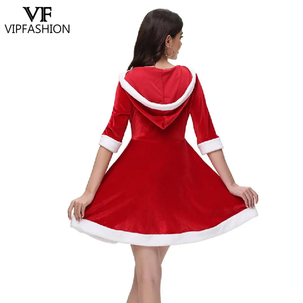 女性のためのフード付きサンタクロースドレス,赤いベルベットドレス,半袖,Vネック,セクシーなクリスマスウェア,パーティーコスチューム,VIPファッション