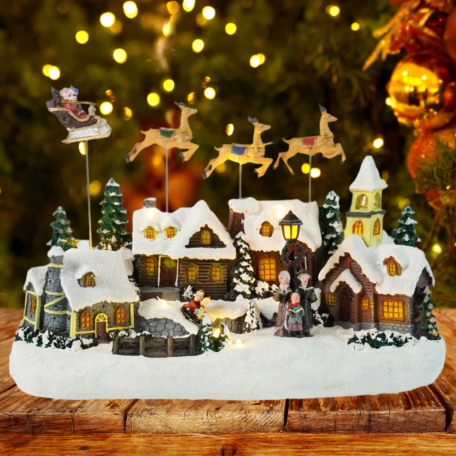 Lighted Xmas Snow Village House Musical Desktop Festive Fireplace with 8 Music Snow Scenery Ornament Christmas LED Lighted House