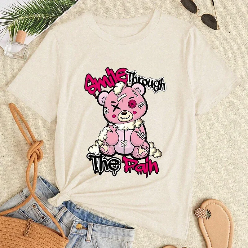 Women's Casual Short Sleeve T-Shirt Summer Round Neck T Shirt Streetwear Printed with 'Smile Through The Pain' and Bear Design