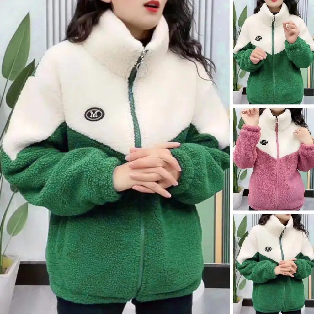 Autumn Winter Fleece Fluffy Jacket Streetwear Harajuku Zipper Coat Woman Lightweight Jacket Plush Warm Jacket Splice Coat