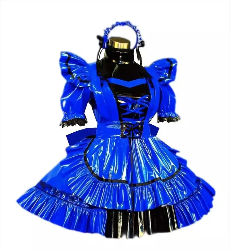 Sissy Black and White Sexy Maid Lockable PVC Dress Cosplay Halloween Costume Party Customized