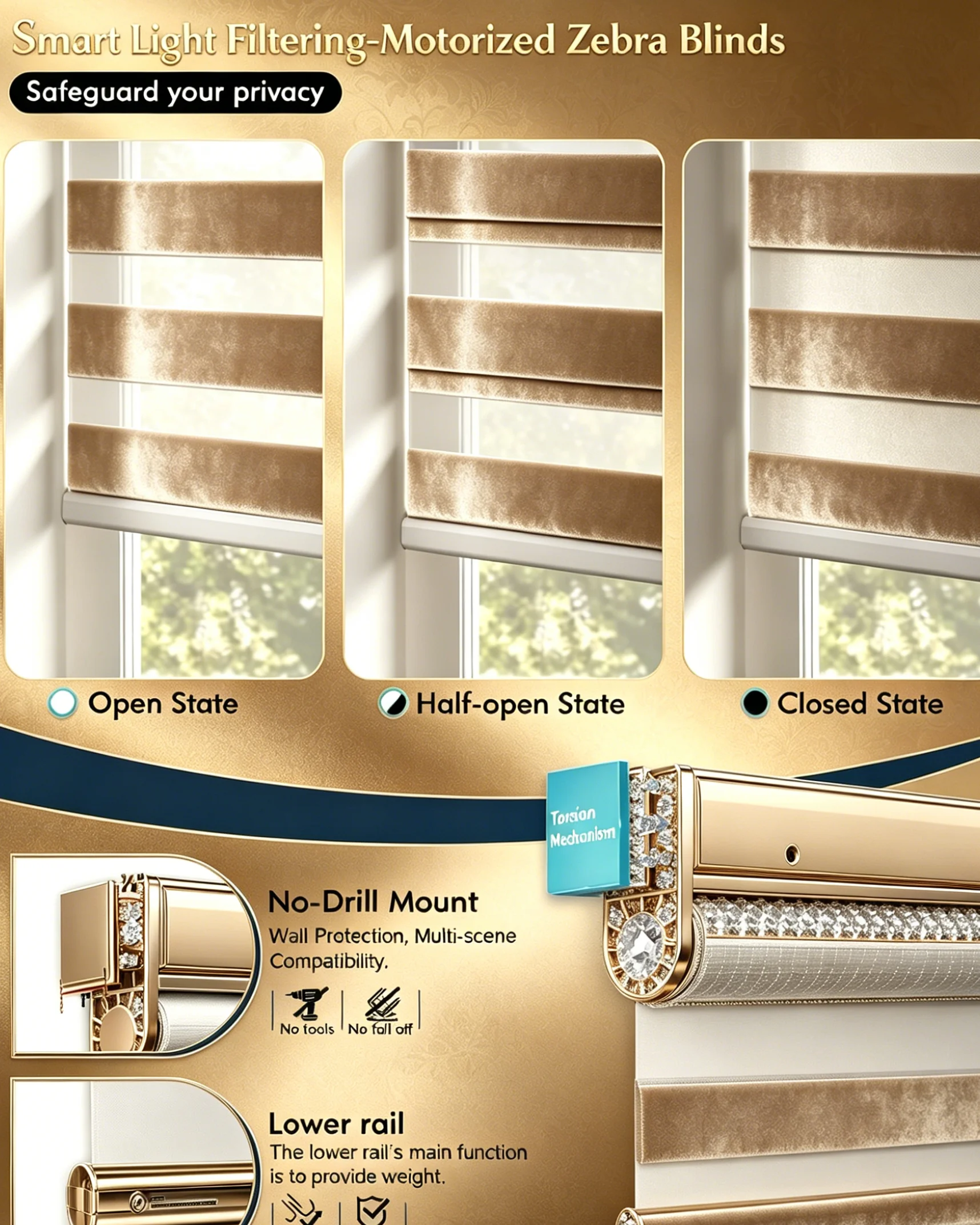 2026 Hot Sale And New Style No Drilling Adjust Light Apple Voice Connection Remote Control Motorized Zebra Blinds For Smart Home