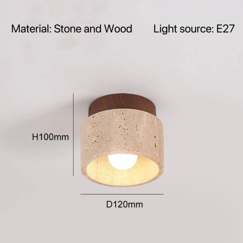 Limestone embedded ceiling light, modern cylindrical ceiling light, rural stone and wood fixtures near the ceiling