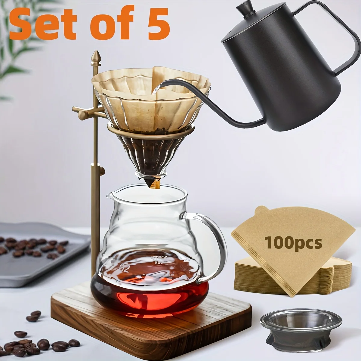 

Pour Over Coffee Maker Set, Includes Coffee Kettle, Brass Stand with Walnut Base, Glass Coffee Carafe, Dripper, V02 Filter Paper