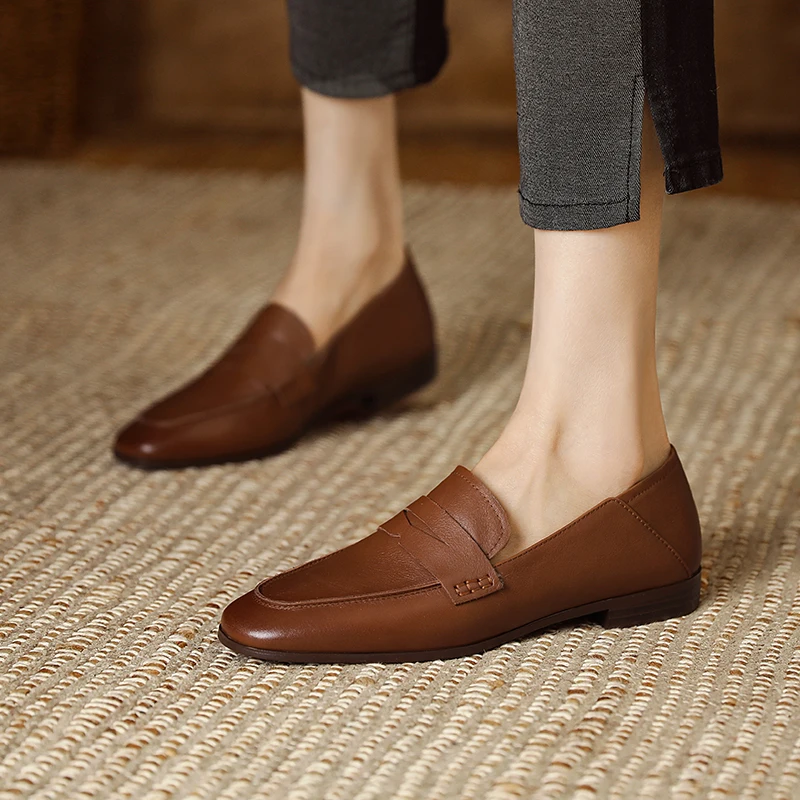 French Style Woman Shoes Autumn Spring Slip On Cowhide Loafers Genuine Leather Basic Design Flats Comfortable Loafer Shoes