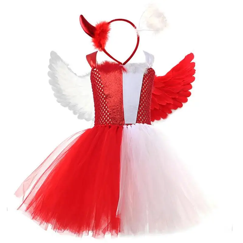 Angel Devil Cosplay Costume Red White Tween Halloween Dress Costume Angel and Devil Costume Accessory with Tulle Wing Headband