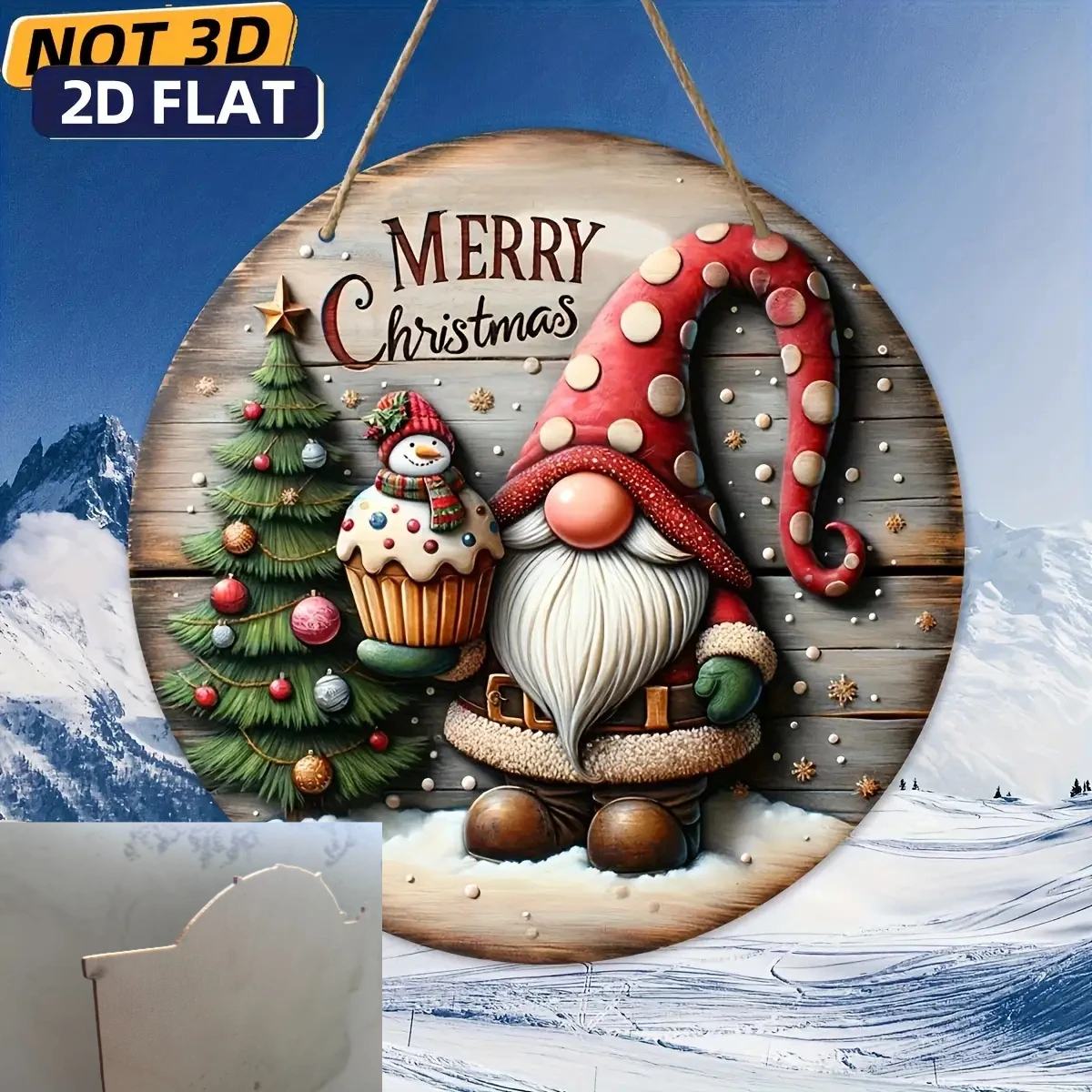 2D Flat Wooden Sign, Christmas Gnome Evergreen Tree Snowman Decor, Winter Wreath Decoration, Suitable for Farmhouse Home Kitchen