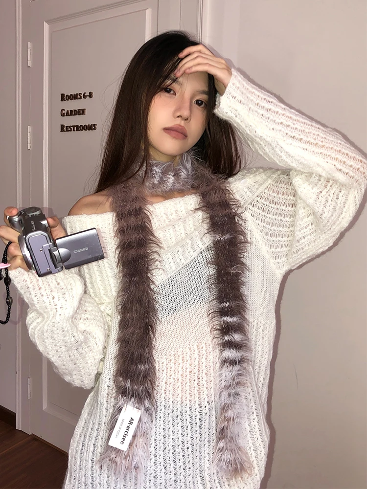 Y2K Long Narrow Knitted Plush Scarf for Women Decorative Miniature Winter Fashion Trendy Stripe Pattern Multifunctional Scarf