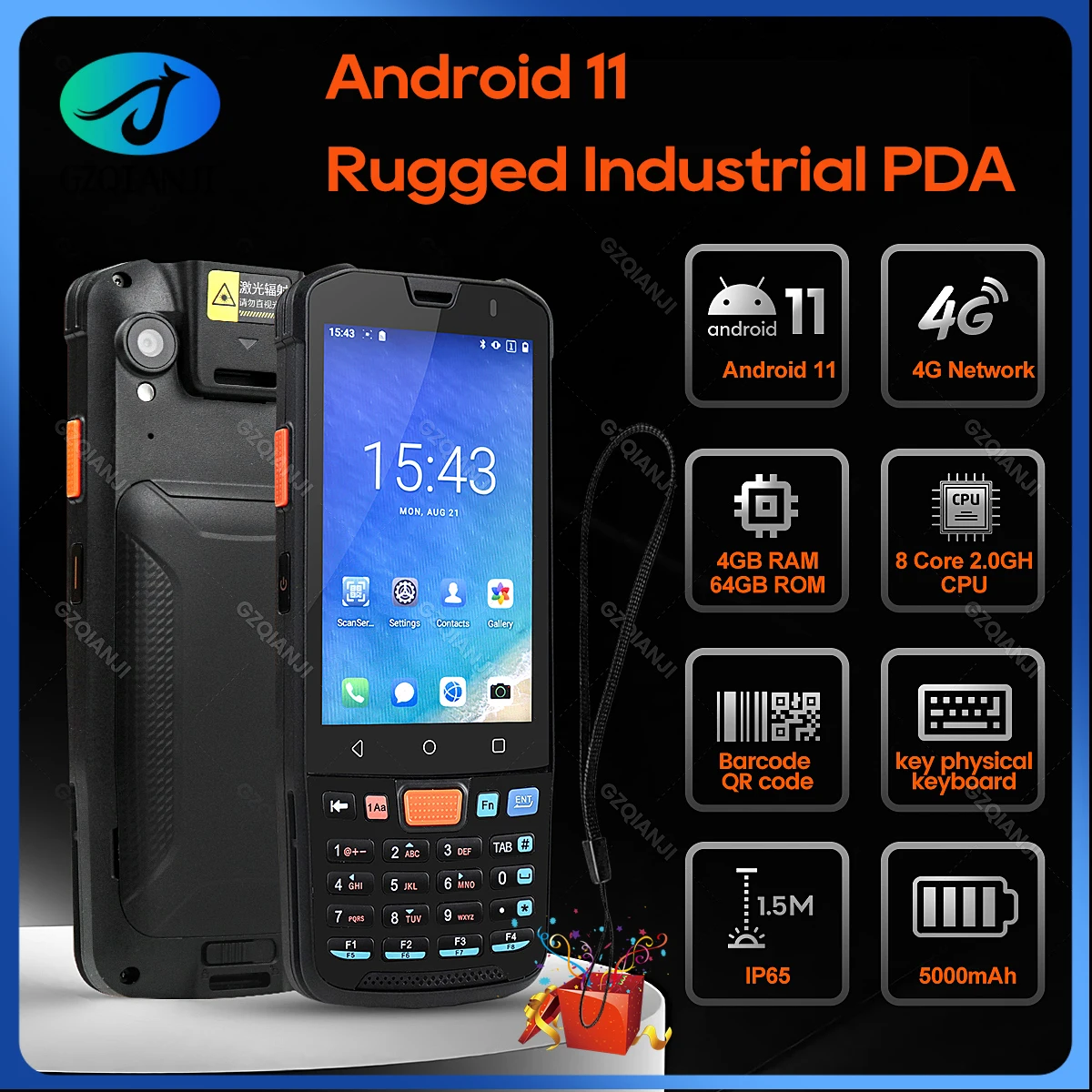 Android 11 Rugged PDA Handheld Terminal 4GB+64GB 1D 2D Scanner Barcode Reader 4G NFC Keyboard Touch Screen Data Collector