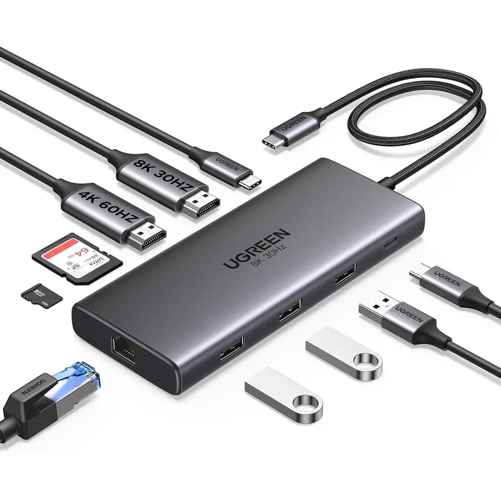 10-in-1 USB-C Dock: Dual HDMI 4K@60Hz, Single 8K@30Hz, 100W PD, 5Gbps USB Ports, Gigabit Ethernet, SD/TF Card Reader, USB Hub fo