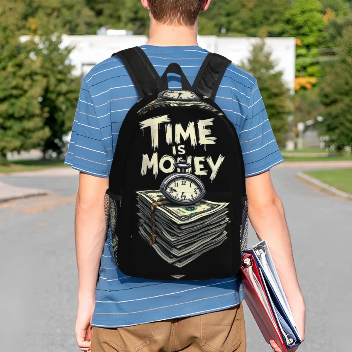 Time Is Money Clock And Currency Print Backpack Student BookBag Kids School Bag Computer Shoulder Bags for Boys Girls