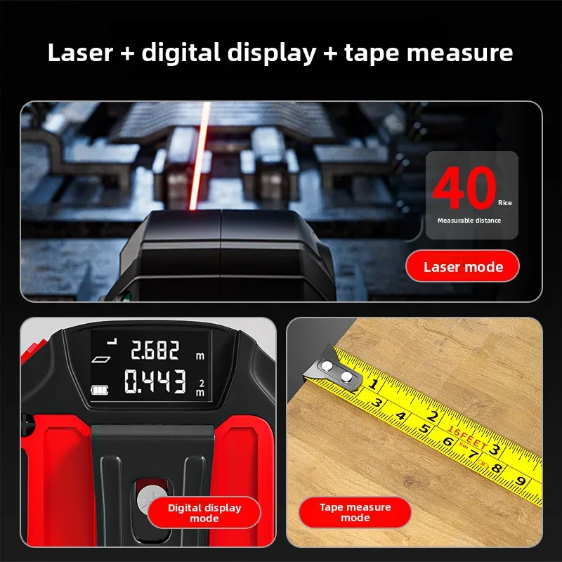 High Precision Laser Tape Measure, 3-in-1 Infrared Laser Distance Meter (40m Laser + 5m Steel Tape, Digital Display)