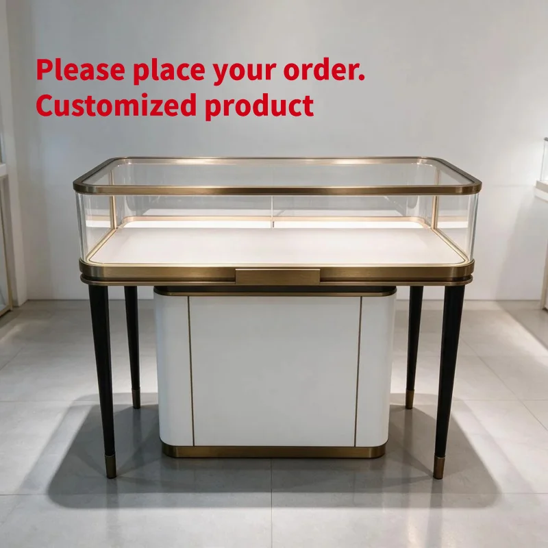 custom.Modern Luxury Jewelry Display Showcase Tempered Glass Vitrine Brushed Gold Frame Tapered Matte Black White Pedestal