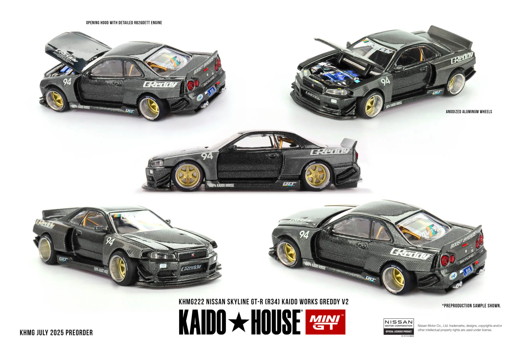 

Kaido House + MINIGT Nissan Skyline GT-R (R34) Kaido Works GReddy V2 Модель автомобиля из сплава, подарочная игрушка
