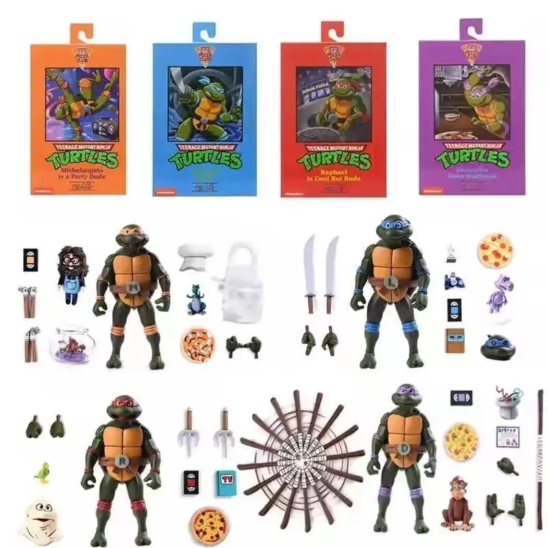 4pcs/set New NECA Leonardo Leads Turtles Figures Pizza Club Turtles Anime Action Figure Model Figurine Toys Bookshelf Ornament