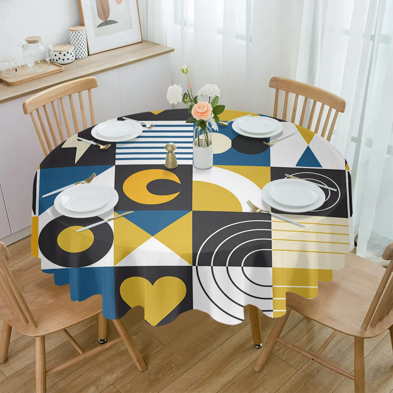 

Line Color Block Retro Round Tablecloth Waterproof Table Cover for Wedding Party Decoration Dining Table Cover