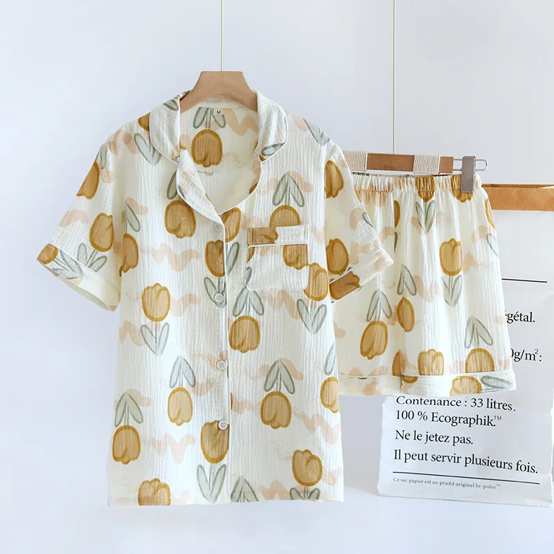 Pyjama japonais d\'été à manches courtes pour femmes, ensemble deux pièces en crêpe de coton, vêtements mignons et frais pour la maison, ample,