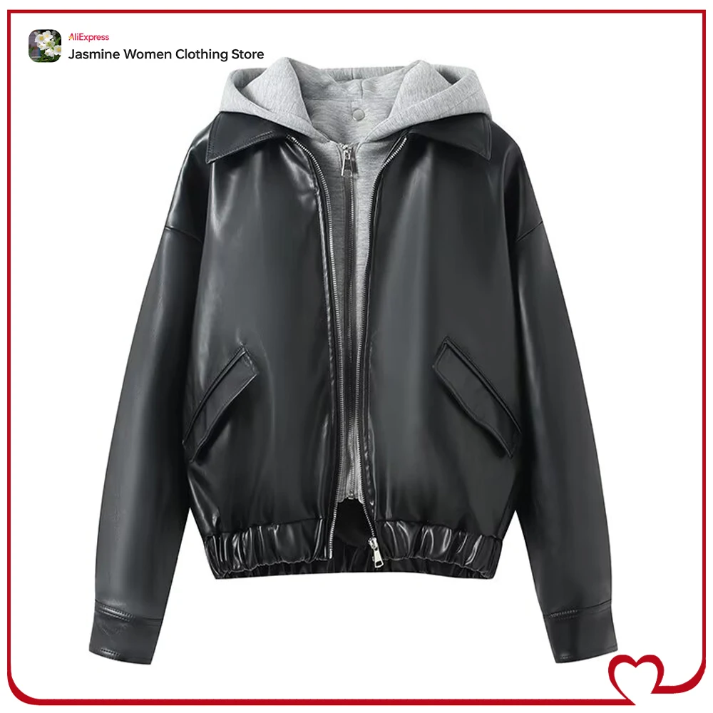 

Стильная женская куртка на молнии из искусственной кожи со съемным комбинированным капюшоном, осенние куртки с контрастным кожаным эффектом, верхняя одежда с капюшоном