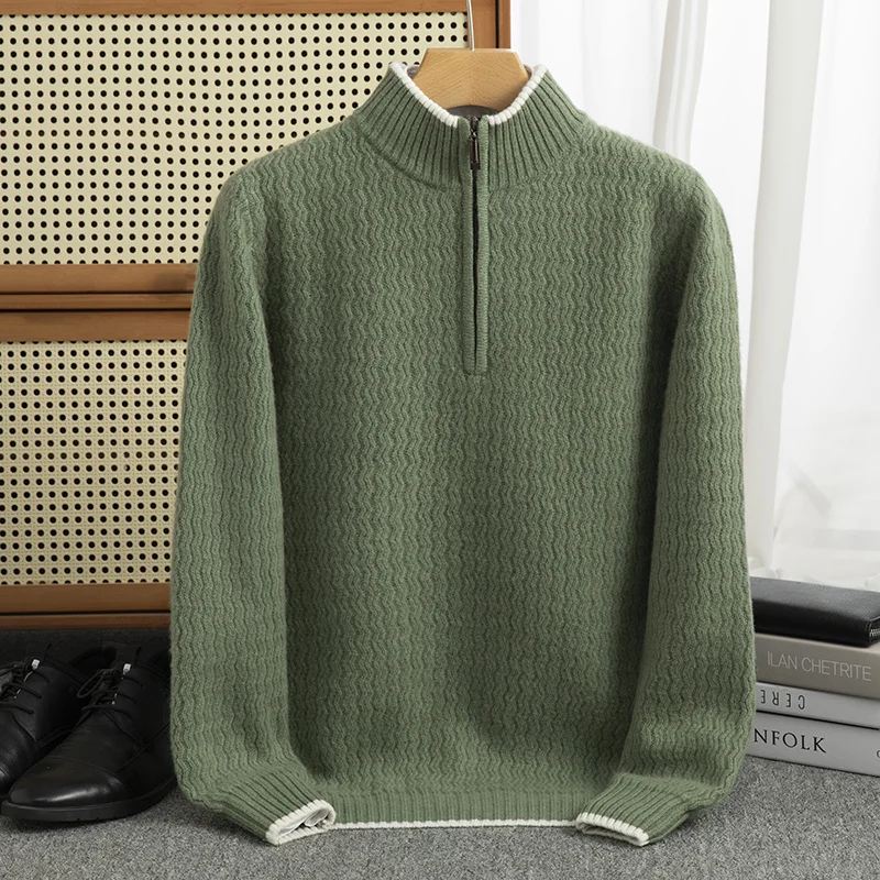 Contrast color Half zip Autumn/winter new 100% Merino wool cashmere sweater men's half turtleneck pullover warm bottom knitshirt