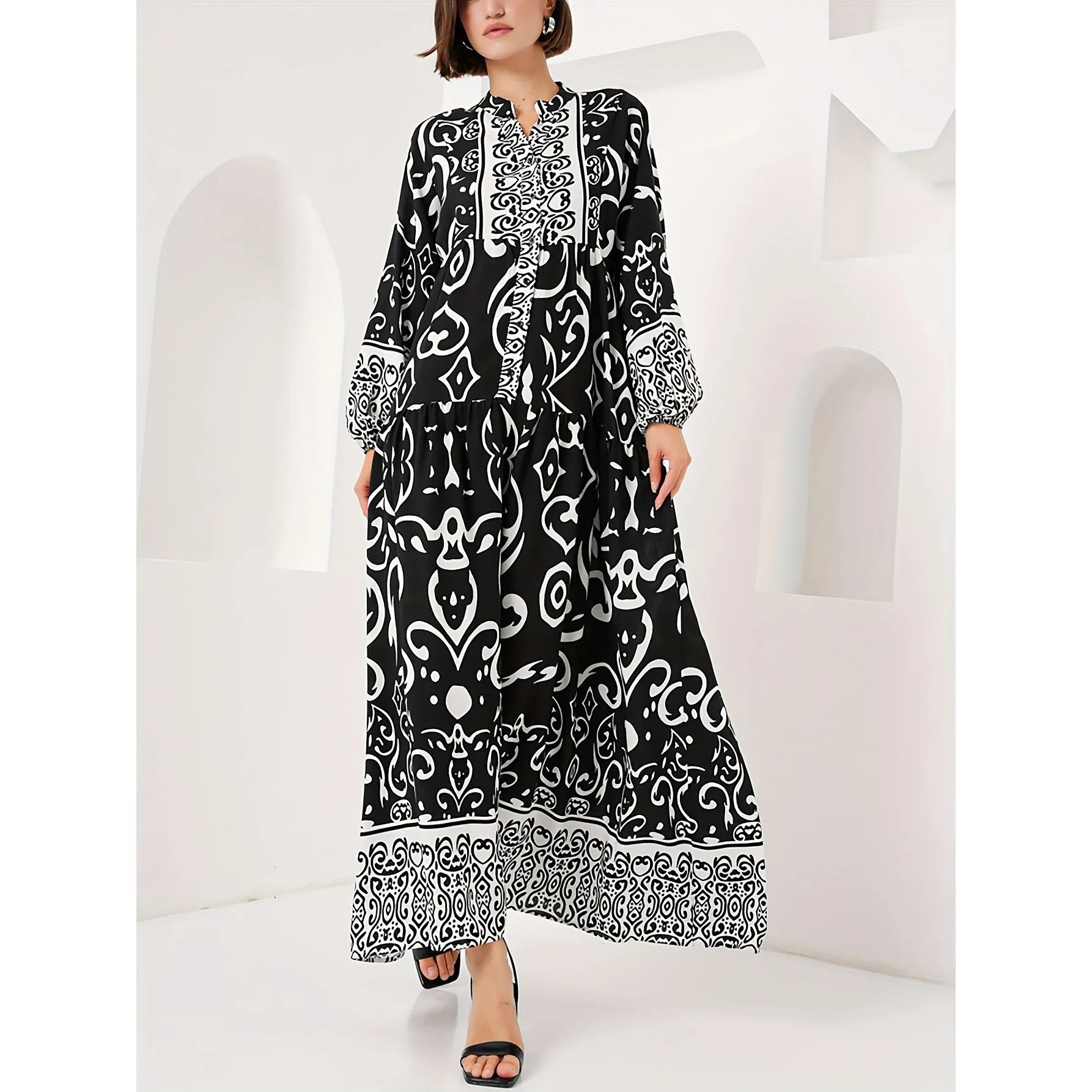 Loose Fit V Neck a Line Dress Graceful Commuting with Party Long Sleeve Lantern Sleeve Mid Waist No Button Closure for Women