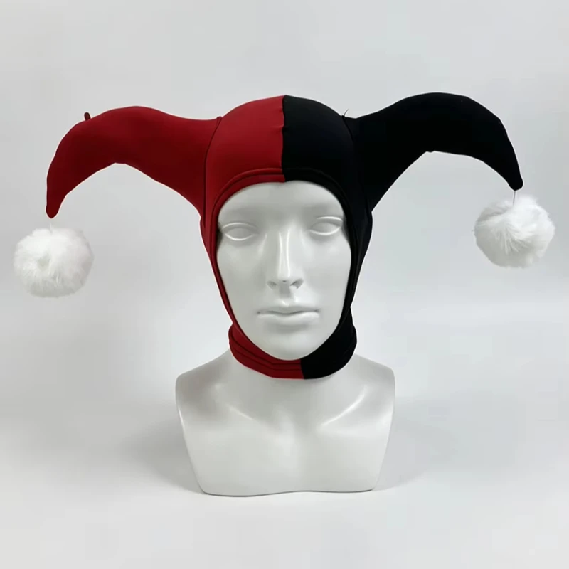 Women Retro Joker Jester Hood Hat Fashion Red & Black Contrast Color Pom-pom Design Halloween Carnival Cosplay Costume Headpiece