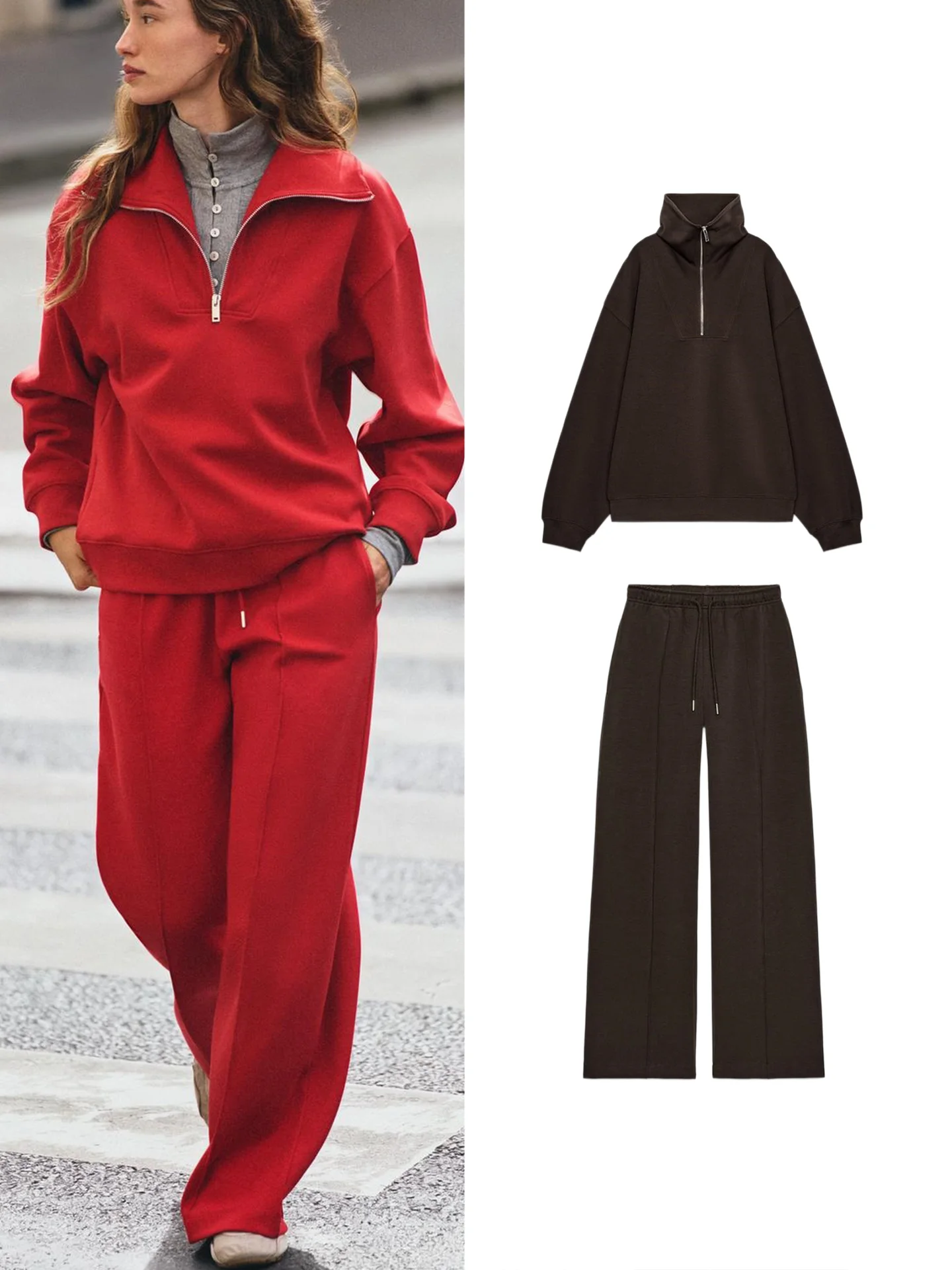 Long Sleeve Collared Zipper Straight Hem Sweatshirt with Belted Wide Leg Pants Women's Fashion Set Autumn Collection