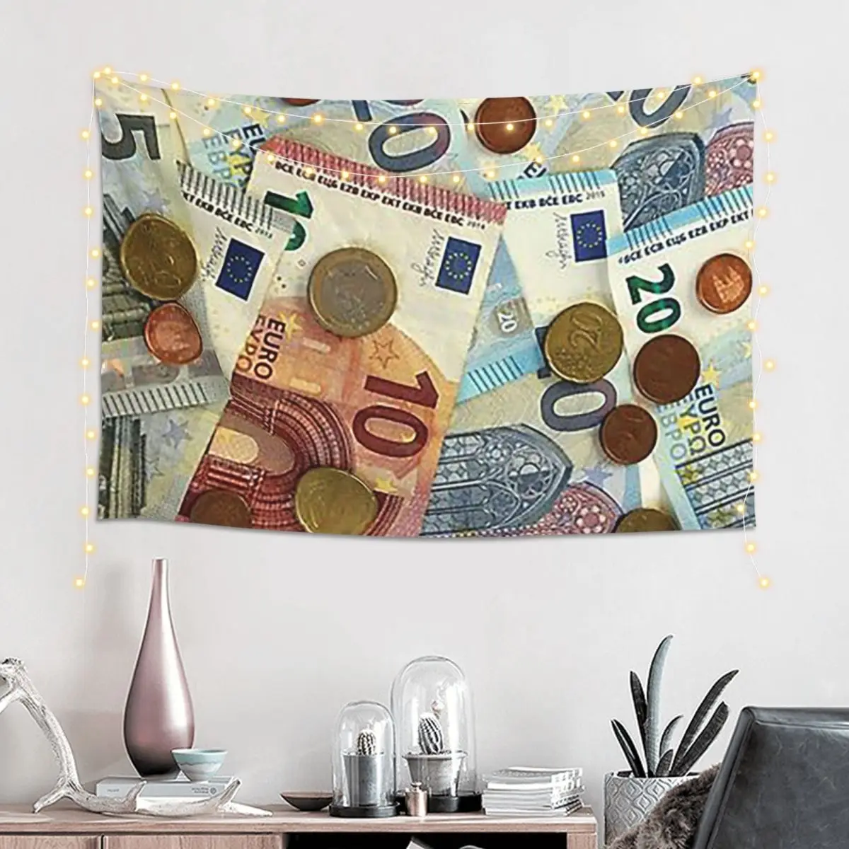 Euro Banknotes And Coins Tapestry Funny Wall Hanging Aesthetic Home Decor Tapestries for Living Room Bedroom Dorm Room