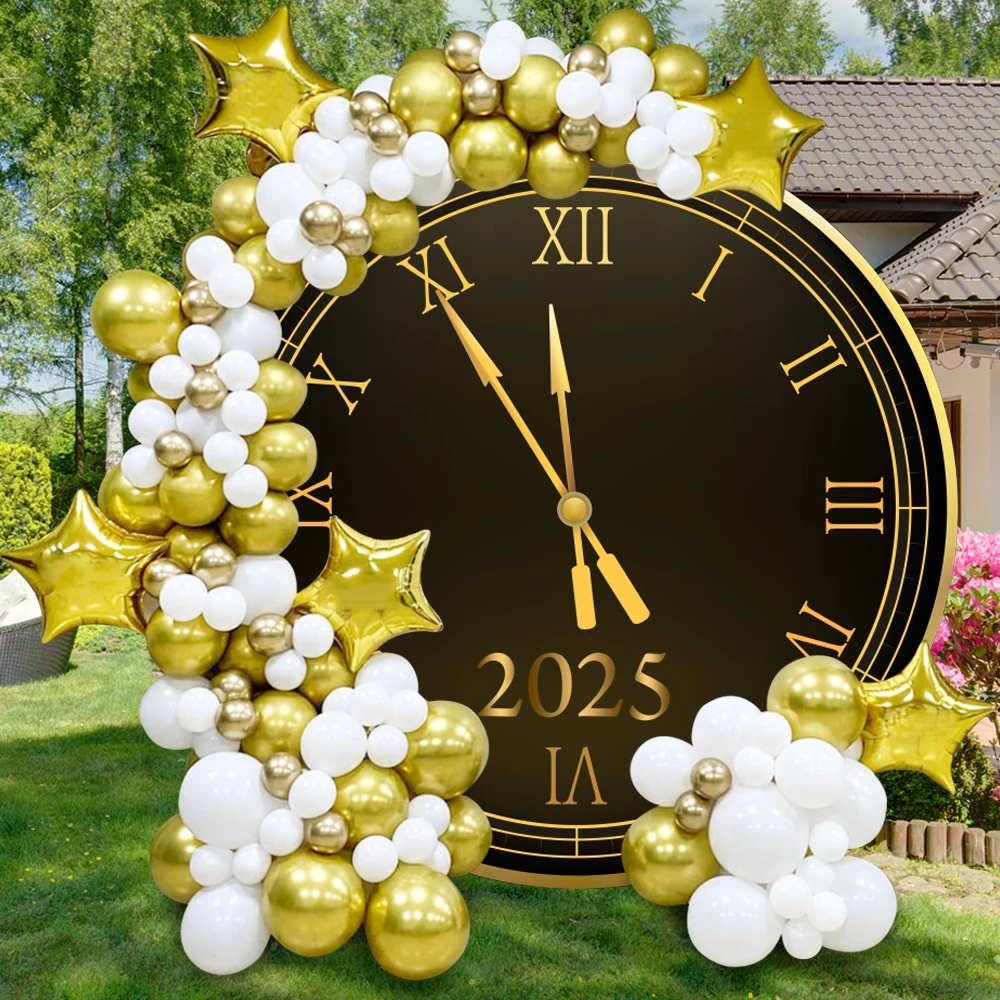 2025 Happy New Year Round Backdrop Cover Black Gold Clock Family Party Celebrate Decor Photography Background Banner Photo Props