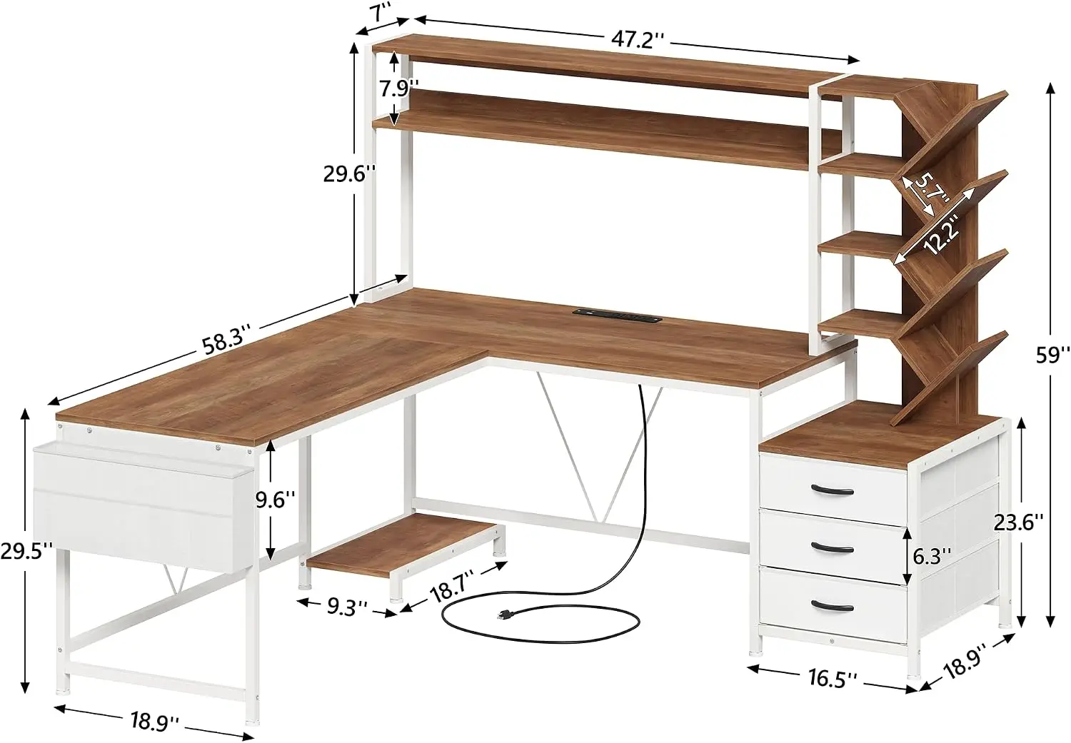 Home Office Writing Desk L Shaped 63 Inch Features Bookshelf Drawers Hutch Power Outlet Printer Shelf Storage Shelves Brown Whit