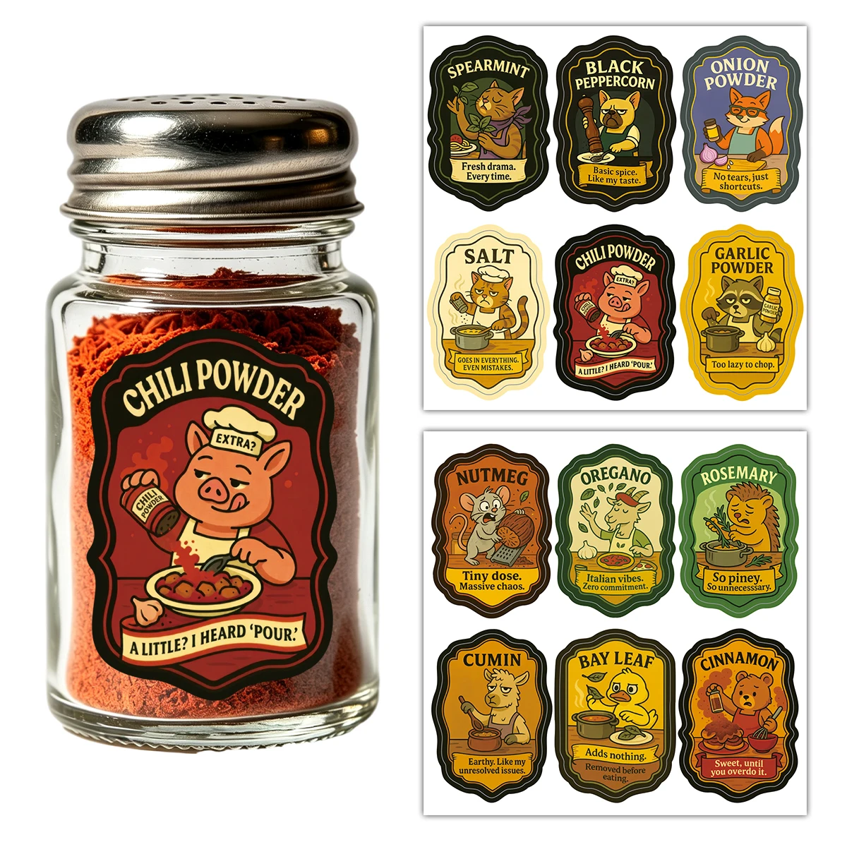 12pcs-2sheets Hilarious Animal Illustrated Spice Labels Stickers,Spice Jar Classification Tags,Kitchen Pantry Organizing Sticker