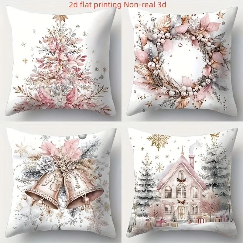 4pcs Christmas Pillow Covers, 2D Flat Wreath Tree House Print, Single-Sided Non-Real Embroidery for Sofa Living Room Decor