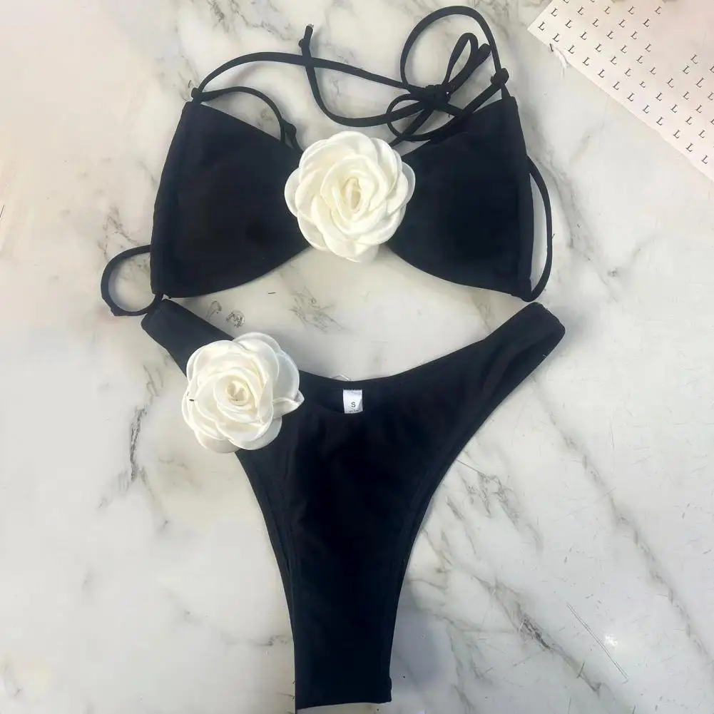 Removable Push-up Padded Cups Bikini Sexy Bikini Top Off Shoulder Lace-up Bikini Set with Fake Flower Decor Color Matching