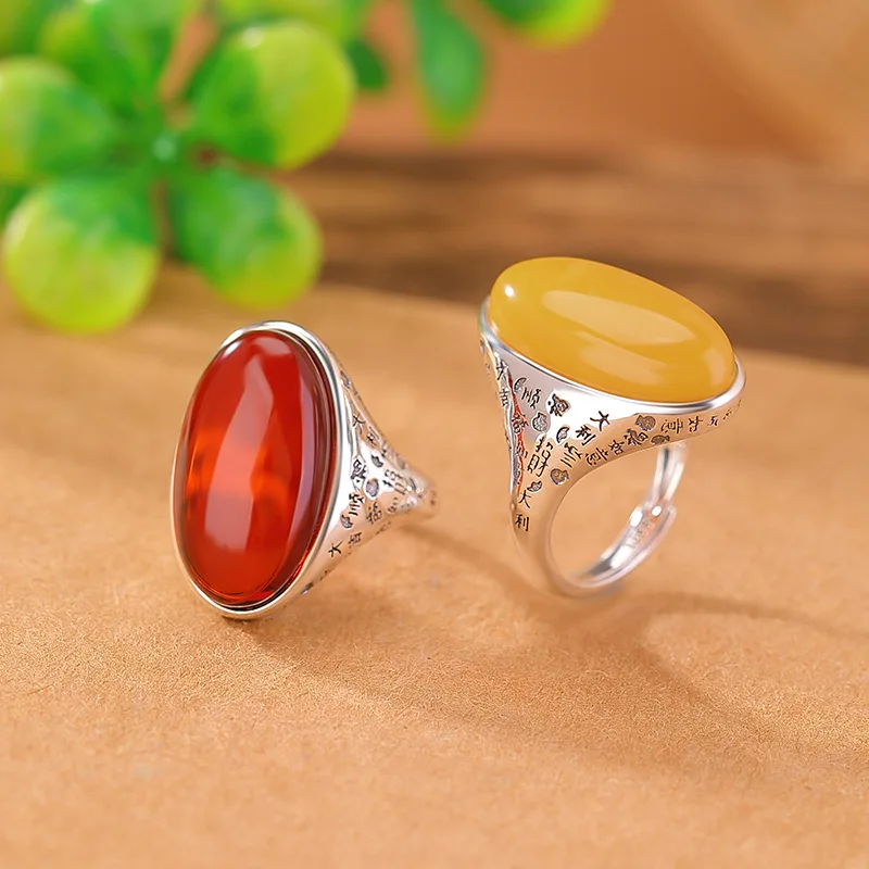 S925 Sterling Silver Blood Amber Beeswax Surface Lucky National Trend Wealth Attraction Adjustable Ring
