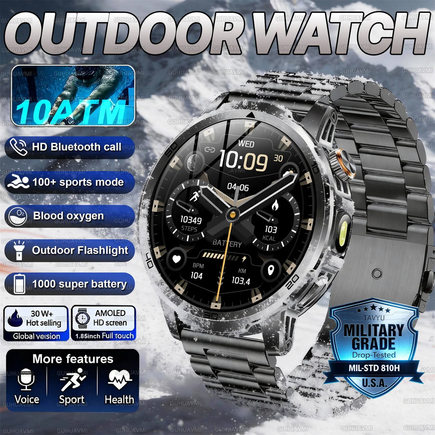 2026 New outdoor Smart watch Men 1.85 Inch AMOLED On Display 1000mAh Battery BT Call Heart Rate SpO2 Fitness Tracker Wristband